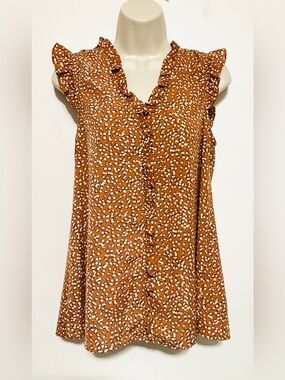 Staccato light rust brown white  Leopard Print Ruffle V-Neck Sleeveless Blouse